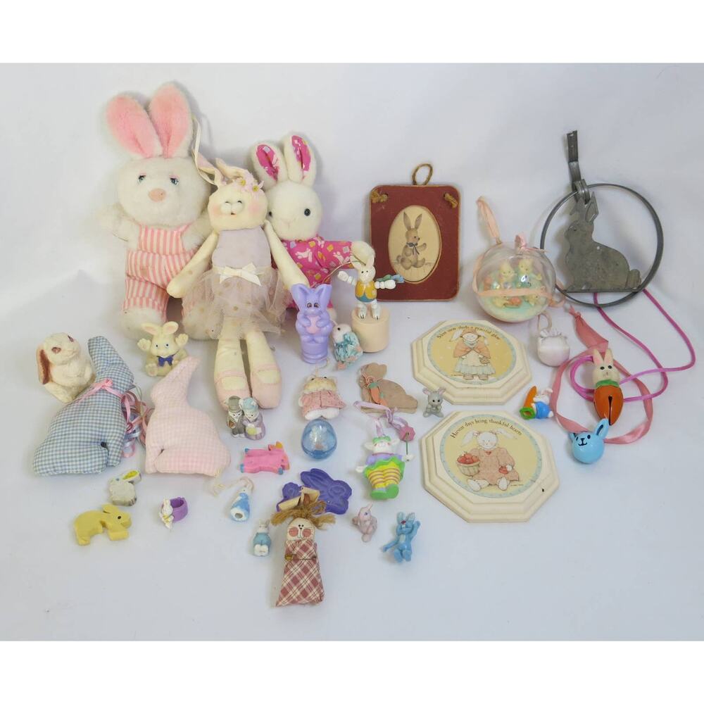 VINTAGE BUNNY COLLECTION Lot 34 Pieces Wall Hangings Wood Ceramic Easter Avon
